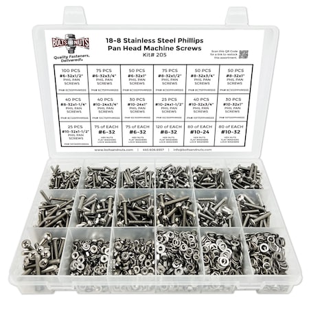 Boltsandnuts.Com Inch Stainless Steel Phillips Pan Head Machine Screws, Hex Nuts, Flat & Lock Washers - 1921 PCS Assortment Kit #205